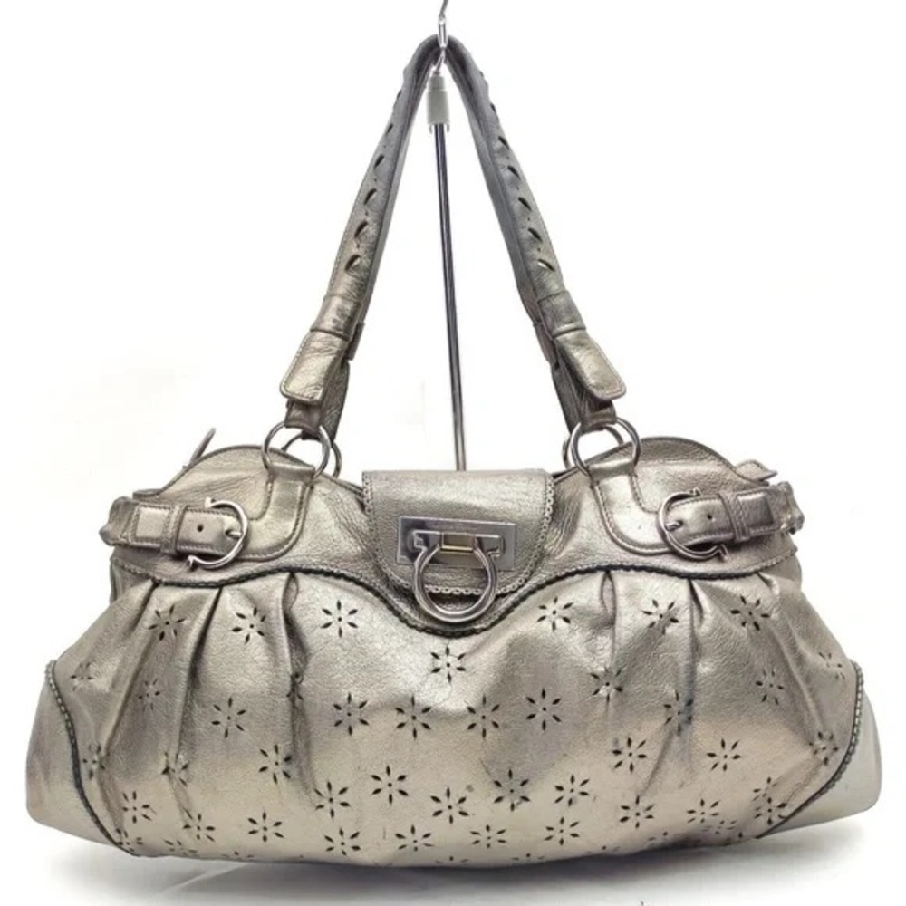 Salvatore Ferragamo Gancini Marissa Gold Tone Metallic Leather Shoulder Bag